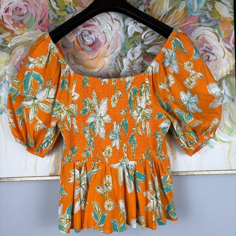 Flying Tomato Orange Floral Linen Off Shoulder Puff Sleeve Blouse M - Picture 7 of 7